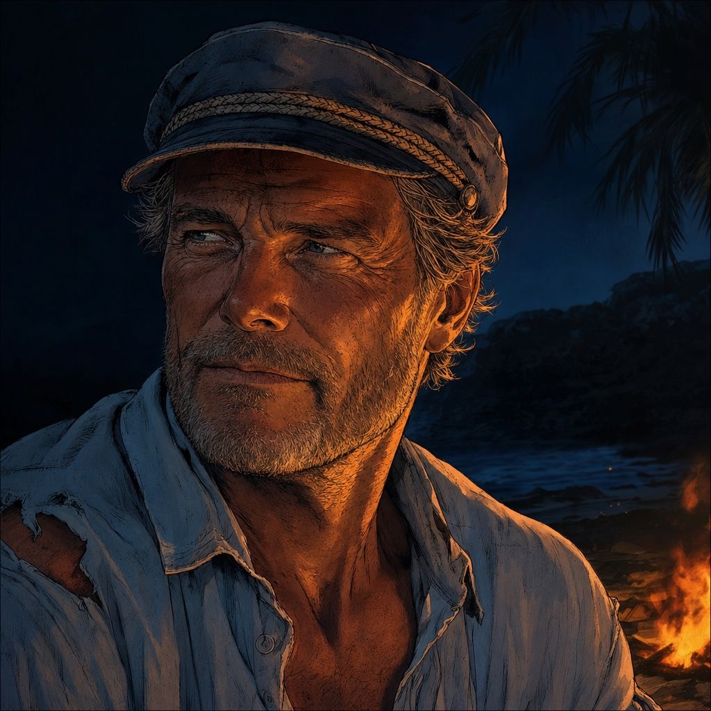 Painted portrait of Jonas at night by the fire