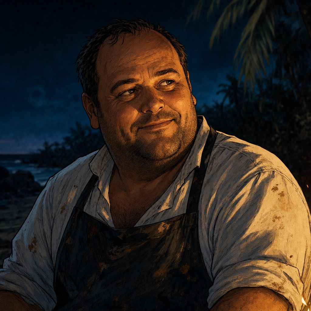Painted portrait of Kalle at night by the fire