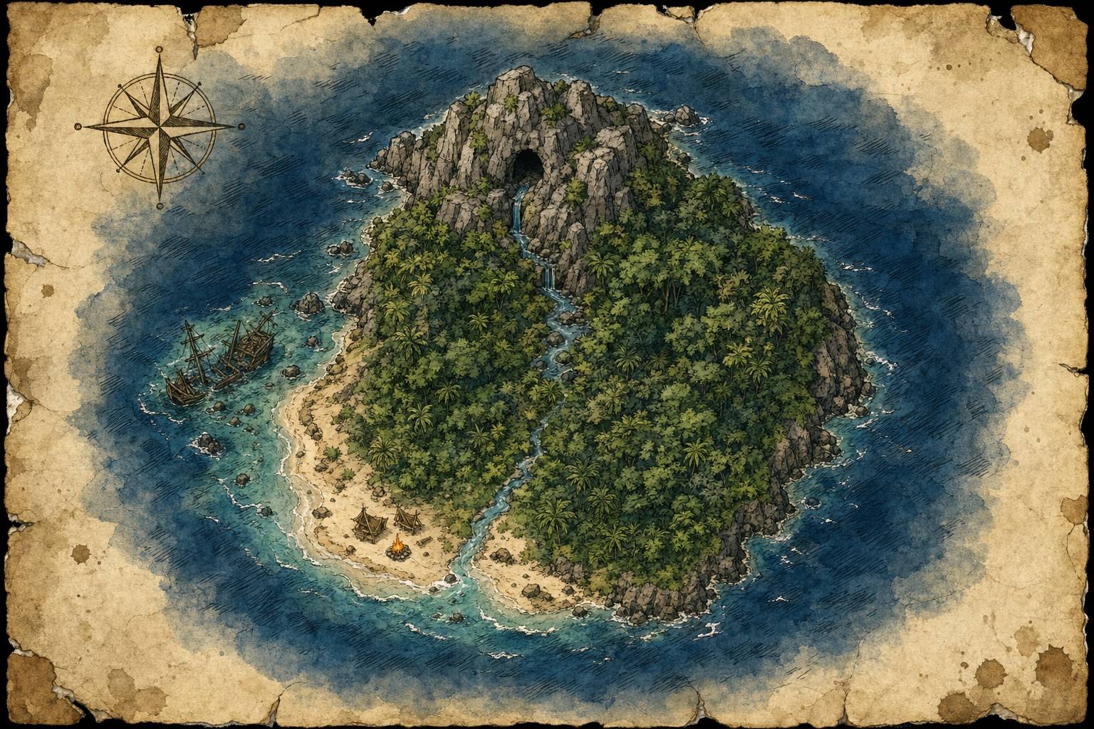 Painted map of the island on old paper: a rocky peak, jungle, a stream, beaches and a reef