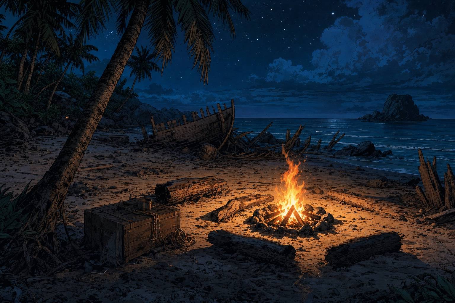 Painted night scene: a campfire on the beach, a stranded boat and a supply crate, the sea under a starry sky