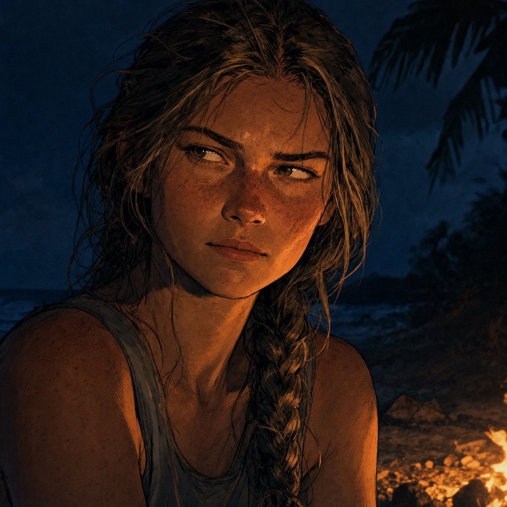 Painted portrait of Lea at night by the fire