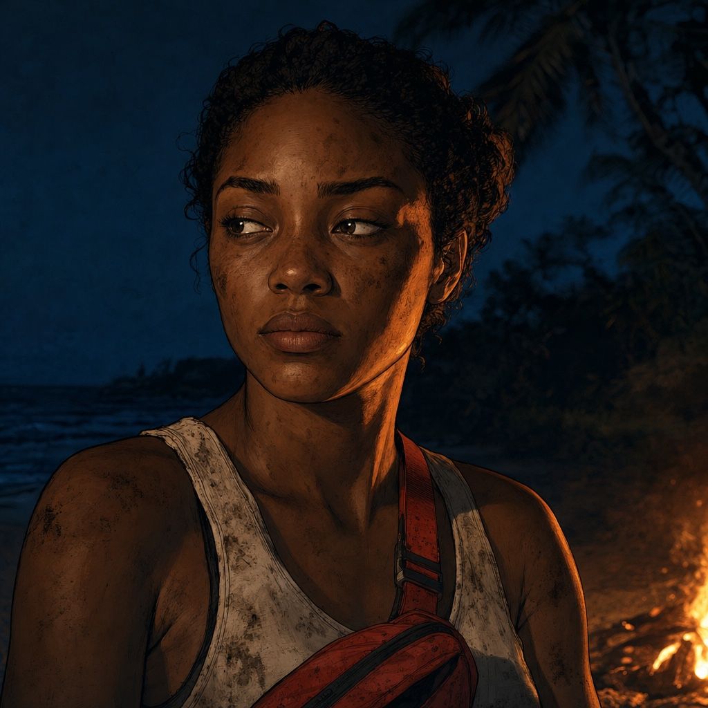 Painted portrait of Mira at night by the fire