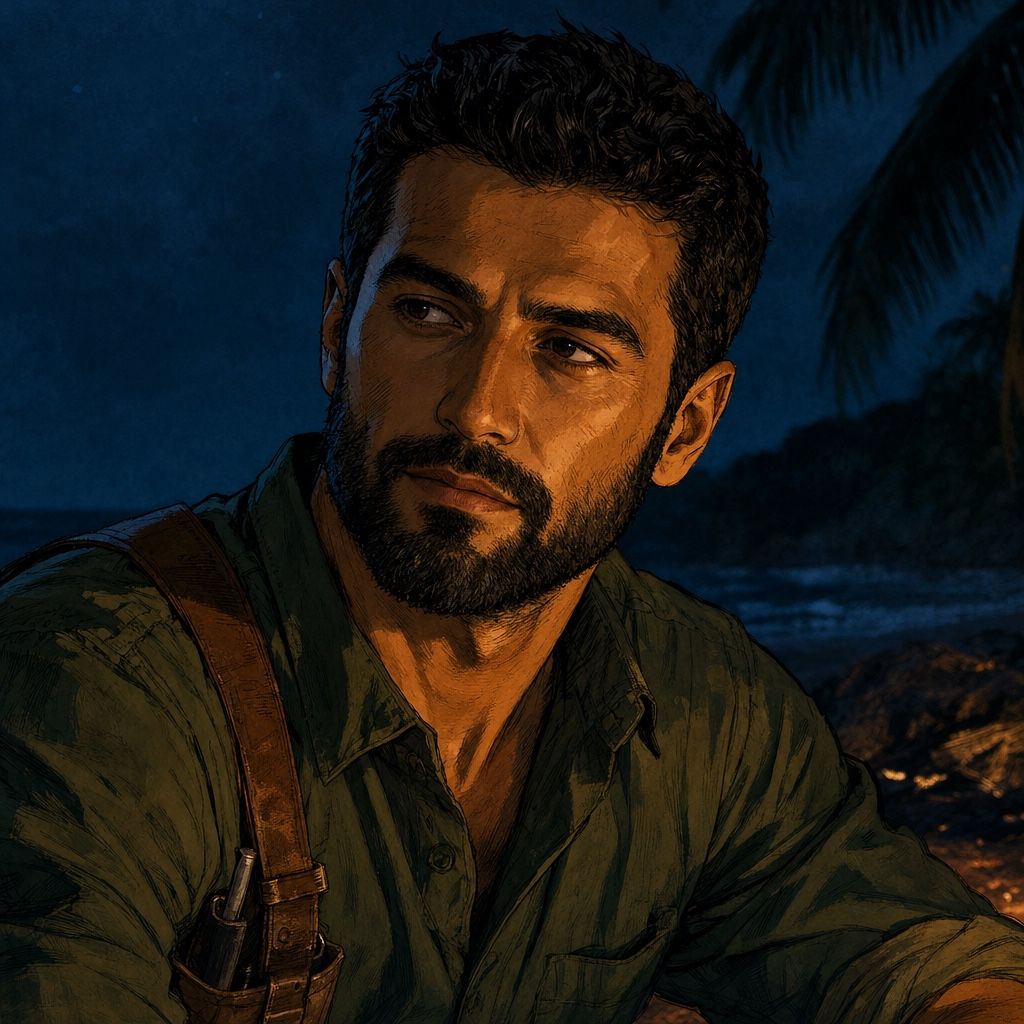 Painted portrait of Tarek at night by the fire