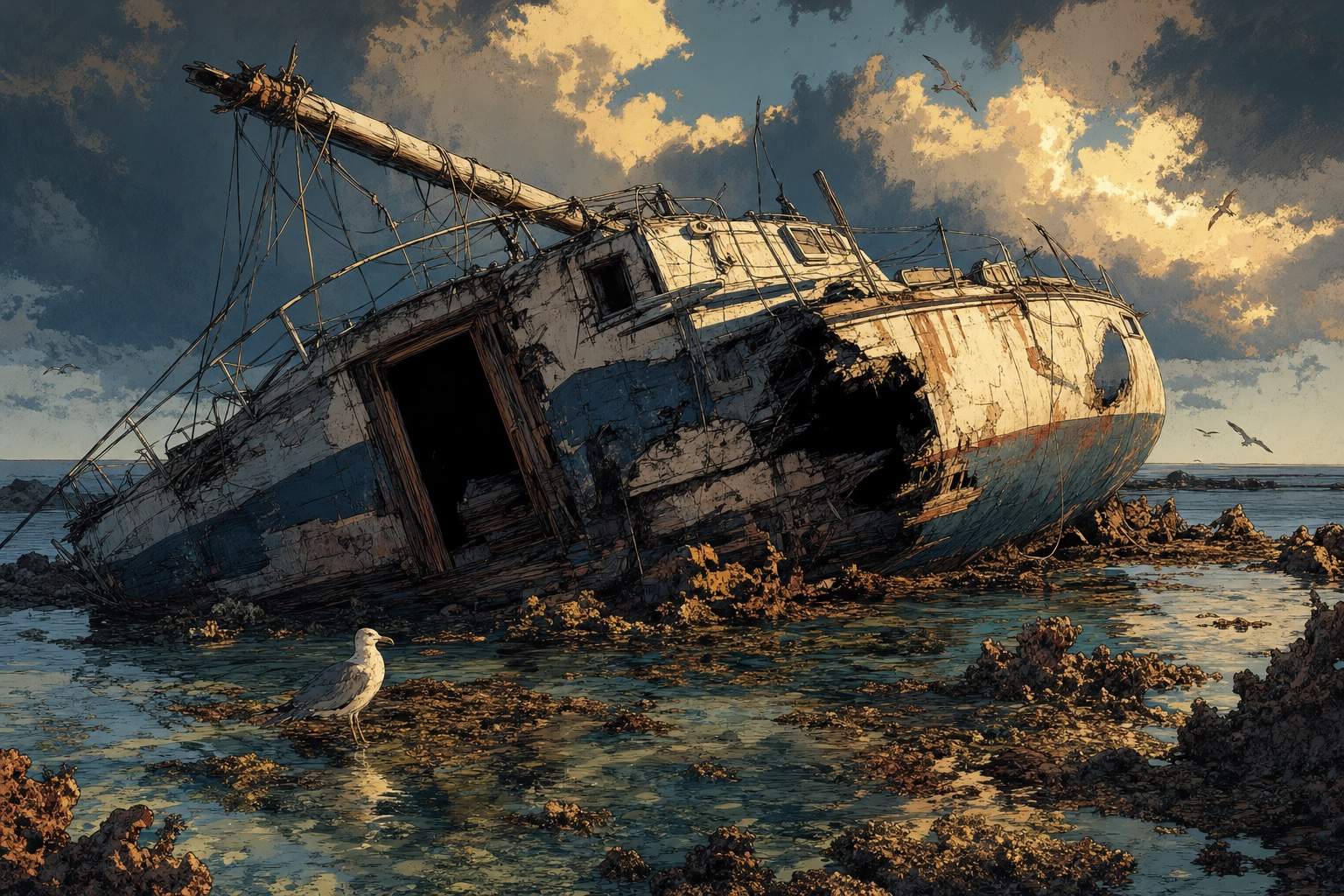 Painted scene: the rocky reef at low tide with a seagull, storm clouds above